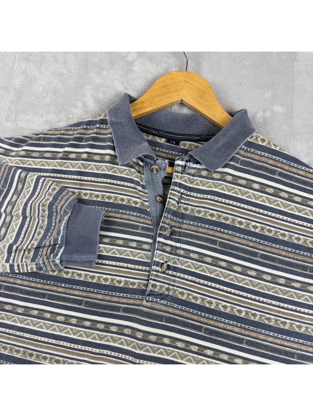 VTG Route 97 Rugby Polo Shirt Long Sleeve Geometric Stripe Aztec Southwestern L